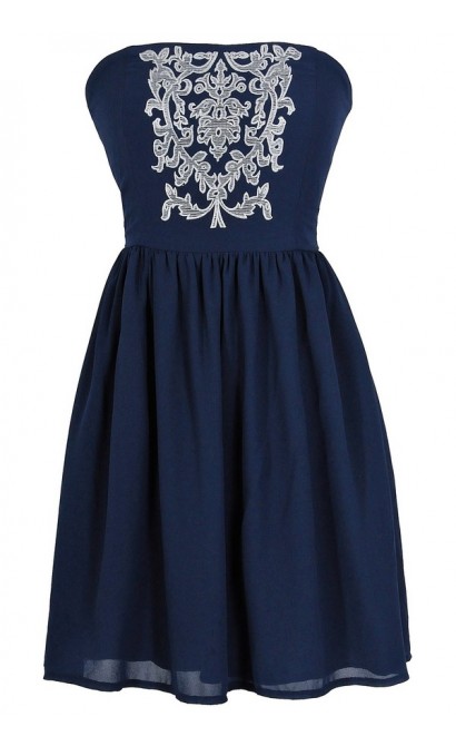 Filigree Embroidered Strapless Dress in Navy